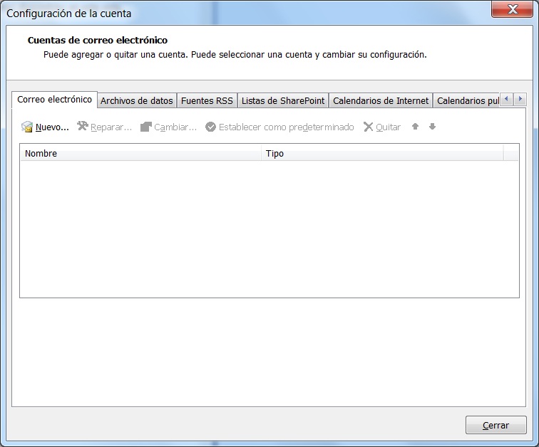 Pantalla principal de la configuración de cuentas de Outlook